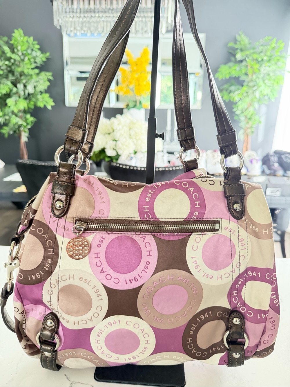 COACH Pink Multi Circle-Print Shoulder Bag with Brown Trim